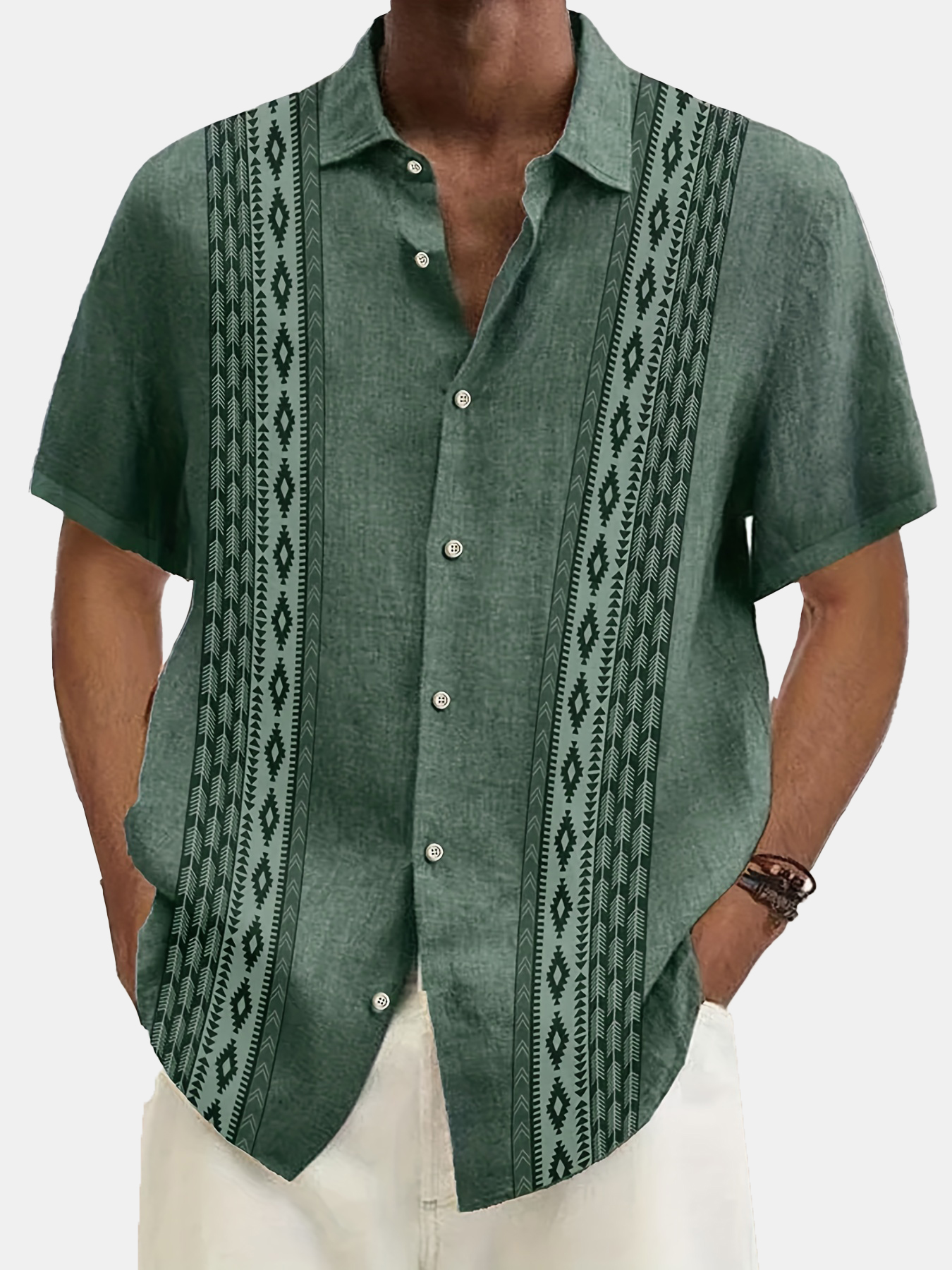 Men's Casual Vintage Ethnic Stripe Print Short Sleeve Shirt-Garamode