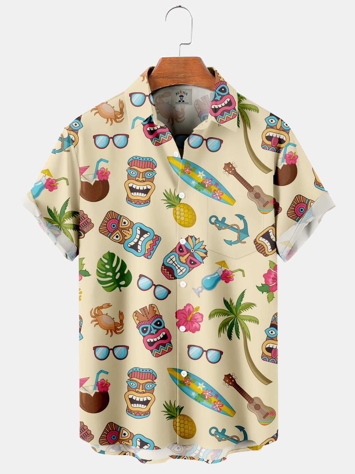Men's Hawaiian TIKI Mask Coconut Floral Print Short Sleeve Shirt-Garamode