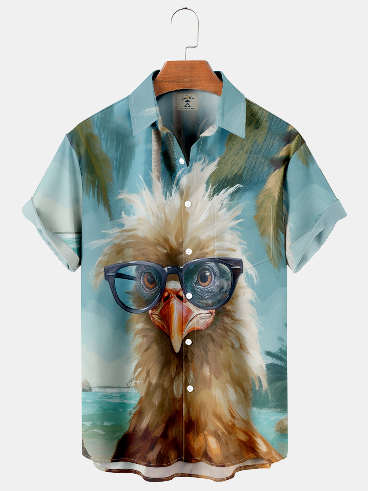 Hawaiian Oil Painting Fun Chicken Print Pocket Short Sleeve Shirt-Garamode