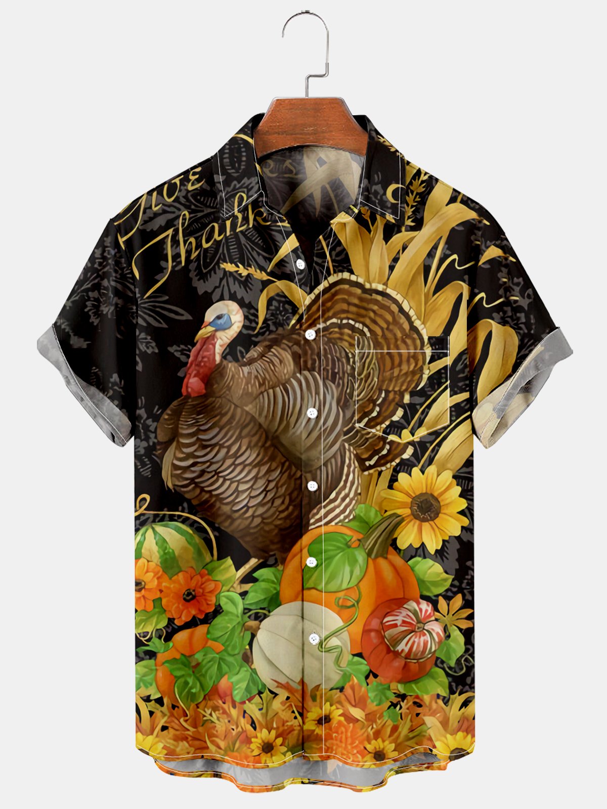 Men's Thanksgiving Vintage Turkey Pumpkin Print Casual Short Sleeve Shirt-Garamode