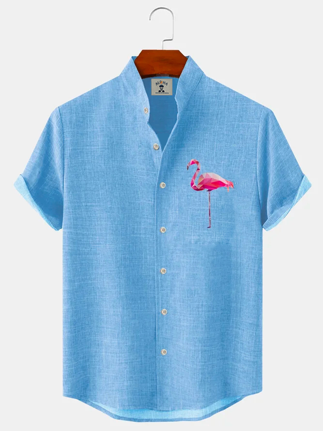 Hawaiian Flamingo Print Stand Collar Short Sleeve Shirt-Garamode