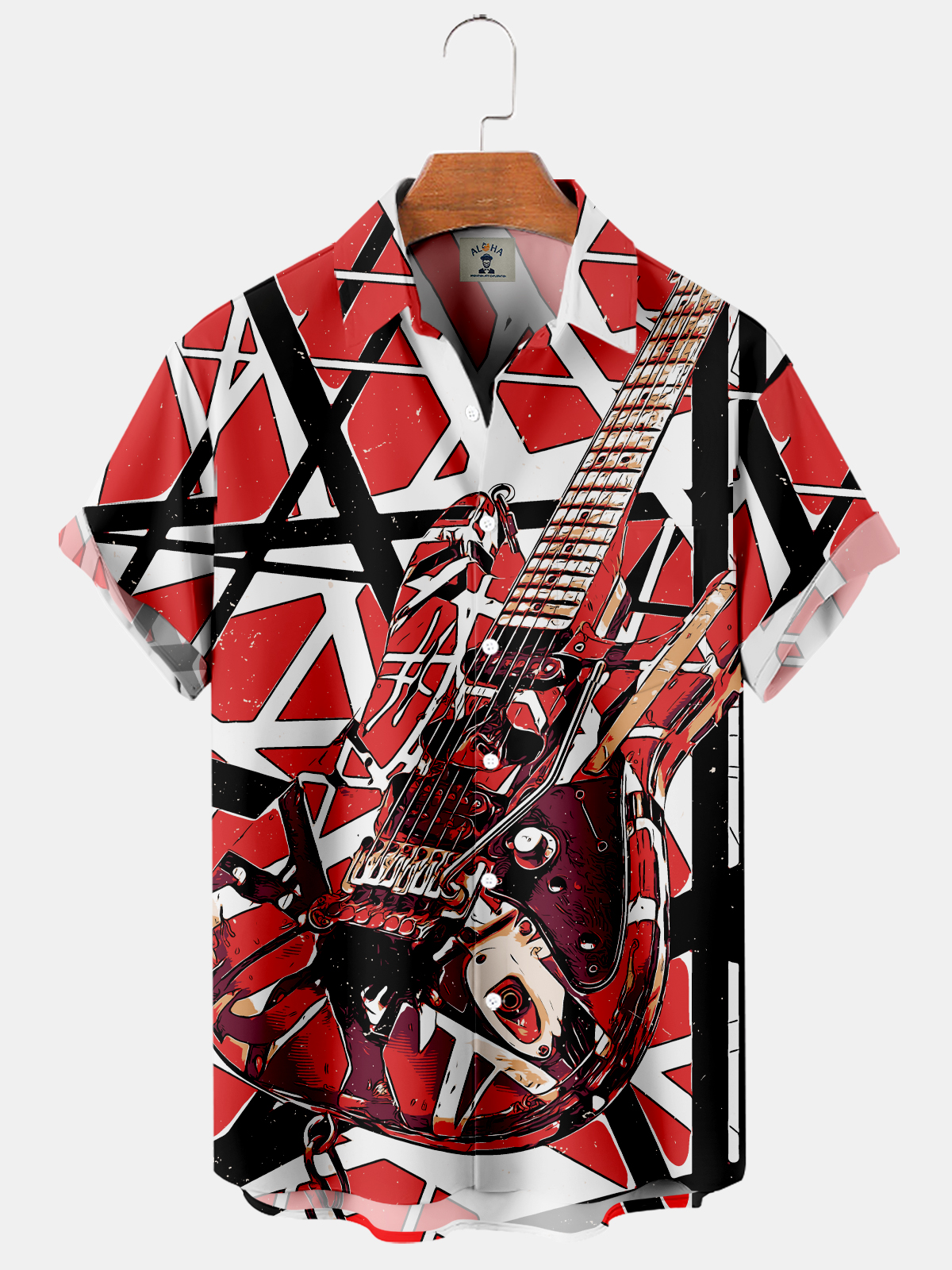 Men's Vintage Band Contrast Guitar Print Short Sleeve Shirt-Garamode