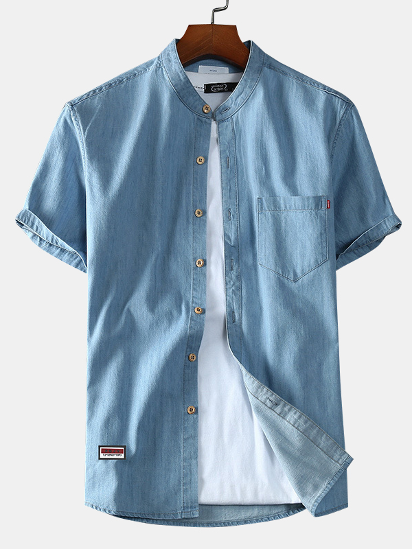 Men's Stand Collar Denim Pocket Casual Solid Color Basic All-match Short-sleeved Shirt-Garamode