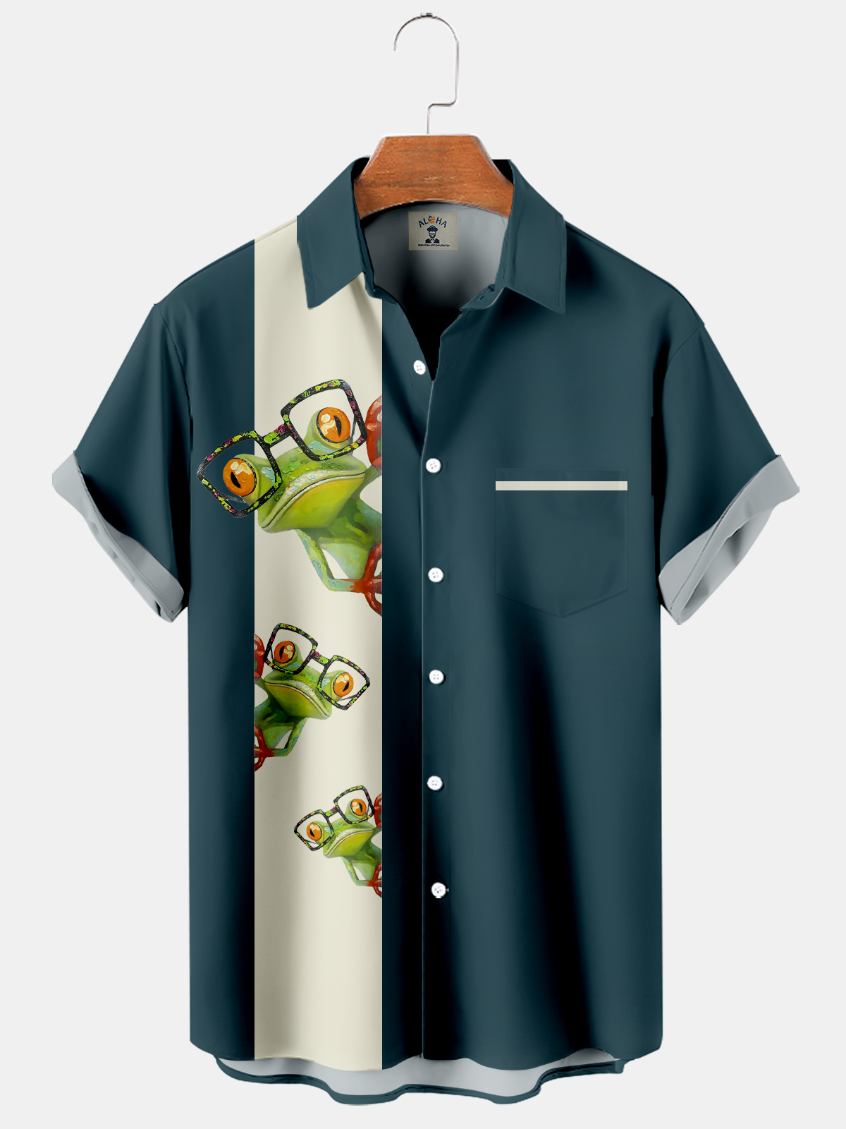 Men's Hawaiian Frog Casual Bowling Shirt with Glasses-Garamode