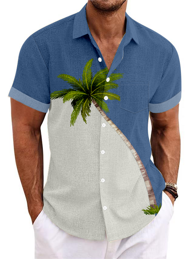 Men's Palm Tree Contrast Print Pocket Linen Hawaiian Short Sleeve Shirt-Garamode