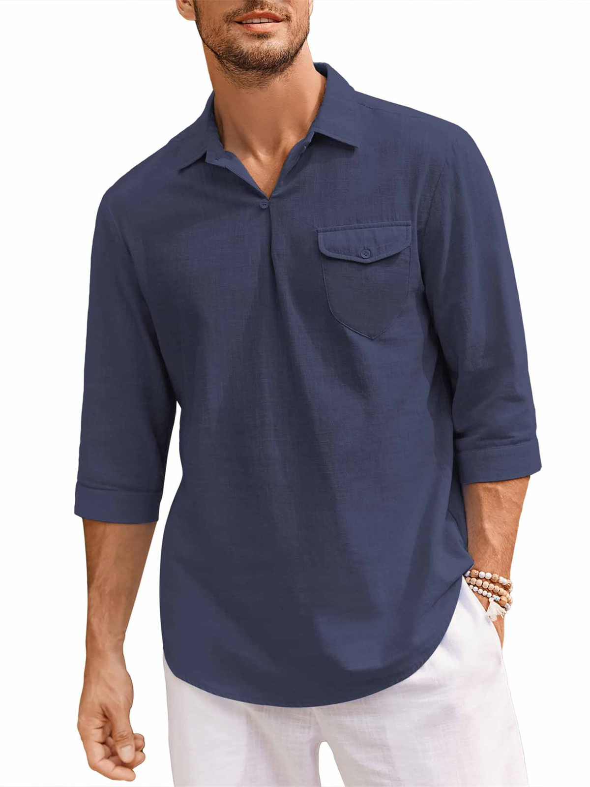 Men's Cotton Linen Basic Pullover Flap Pocket Comfortable Spring Autumn 3/4 sleeves Shirt-Garamode