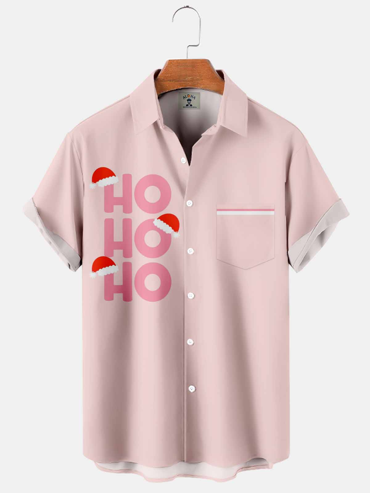 Pink Christmas HoHoHo Printed Casual Loose Short Sleeved Shirt-Garamode