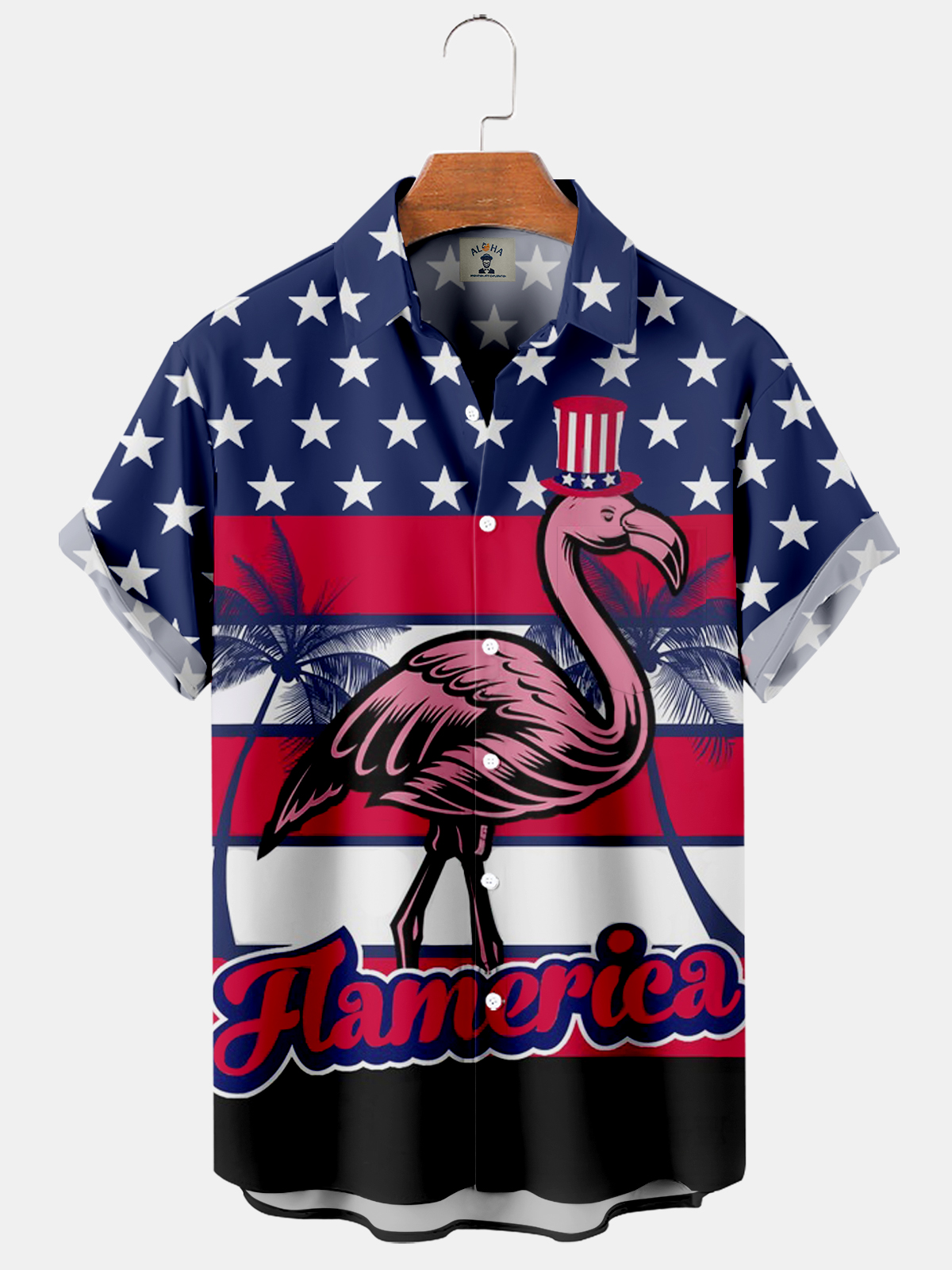 Men's Hawaiian American Flag and Flamingo Coco Print Short Sleeve Shirt-Garamode