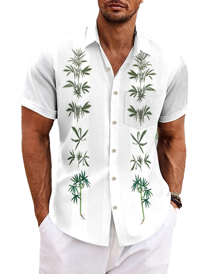 Men's Floral Print Pocket Short Sleeve Shirt-Garamode