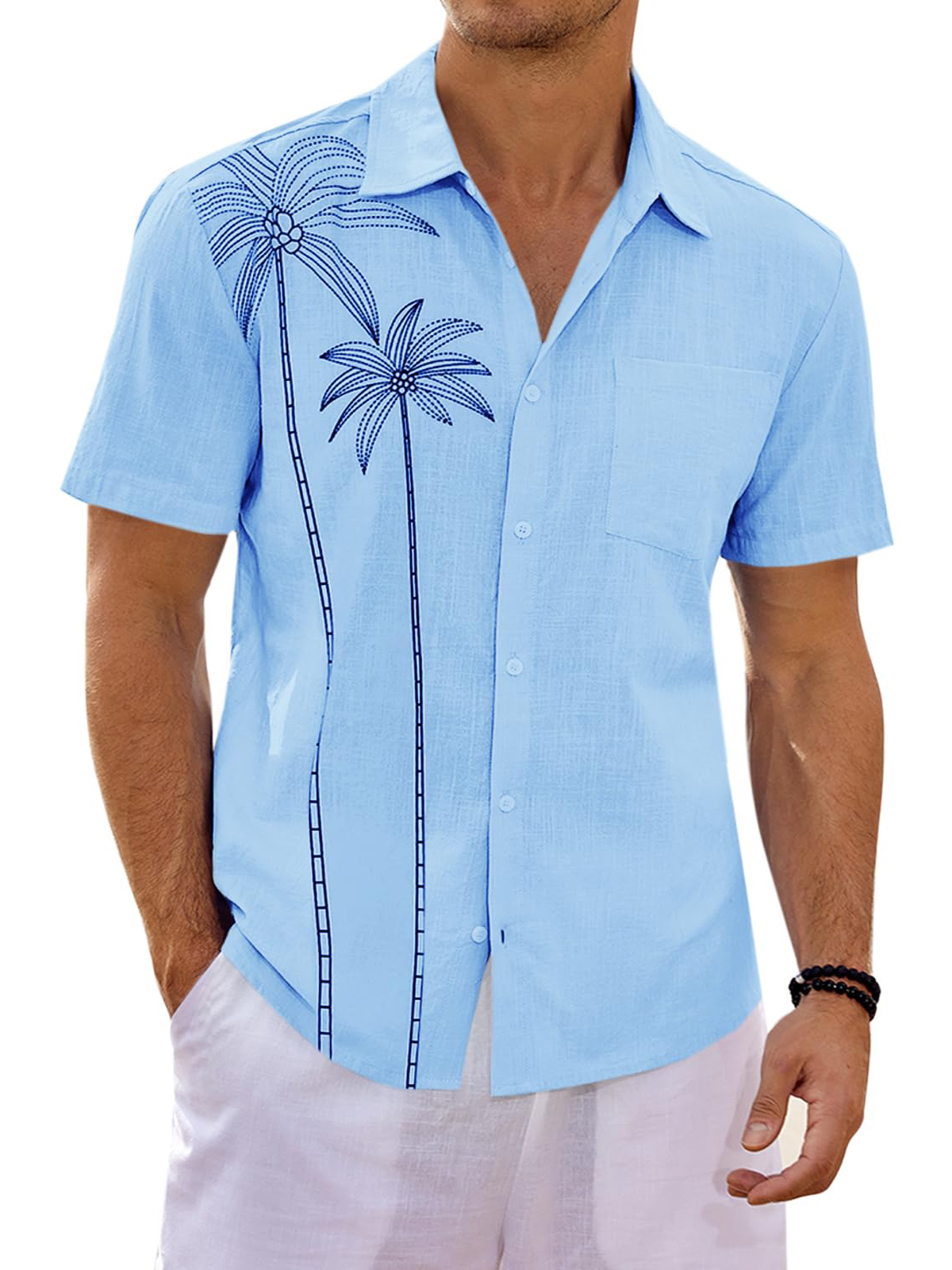Hawaii Men's Fashionable Coconut Tree Print Linen Short Sleeve Pocket Shirt