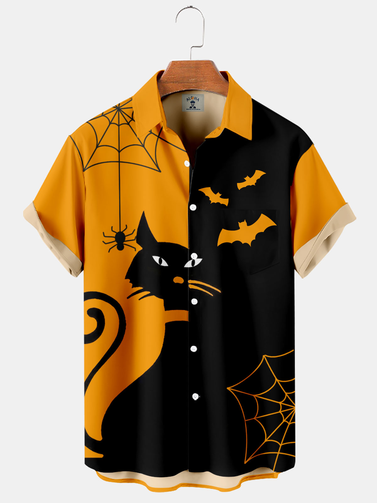 Men's Halloween Cat Color Block Spider Web Print Short Sleeve Shirt-Garamode