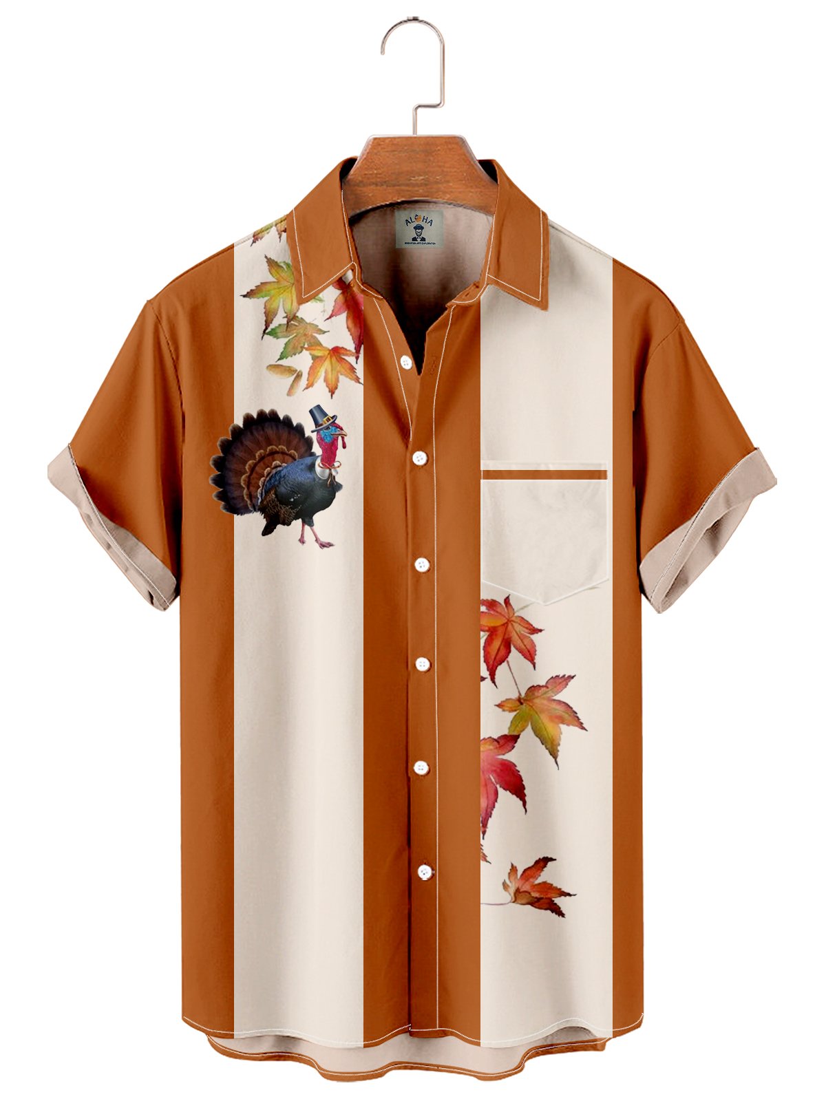 Men's Hawaiian Maple Turkey Contrast Short Sleeve Bowling Shirt-Garamode