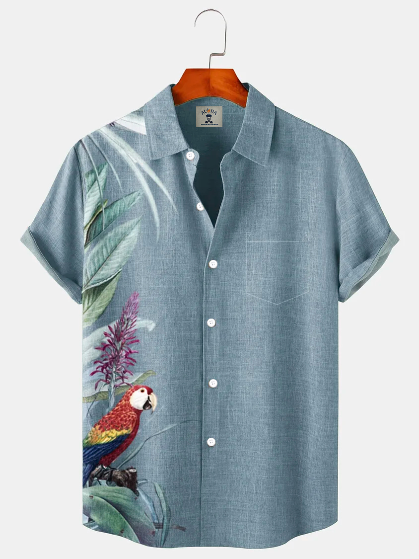 Men's Parrot Leaf Print Pocket Loose Short Sleeve Shirt-Garamode