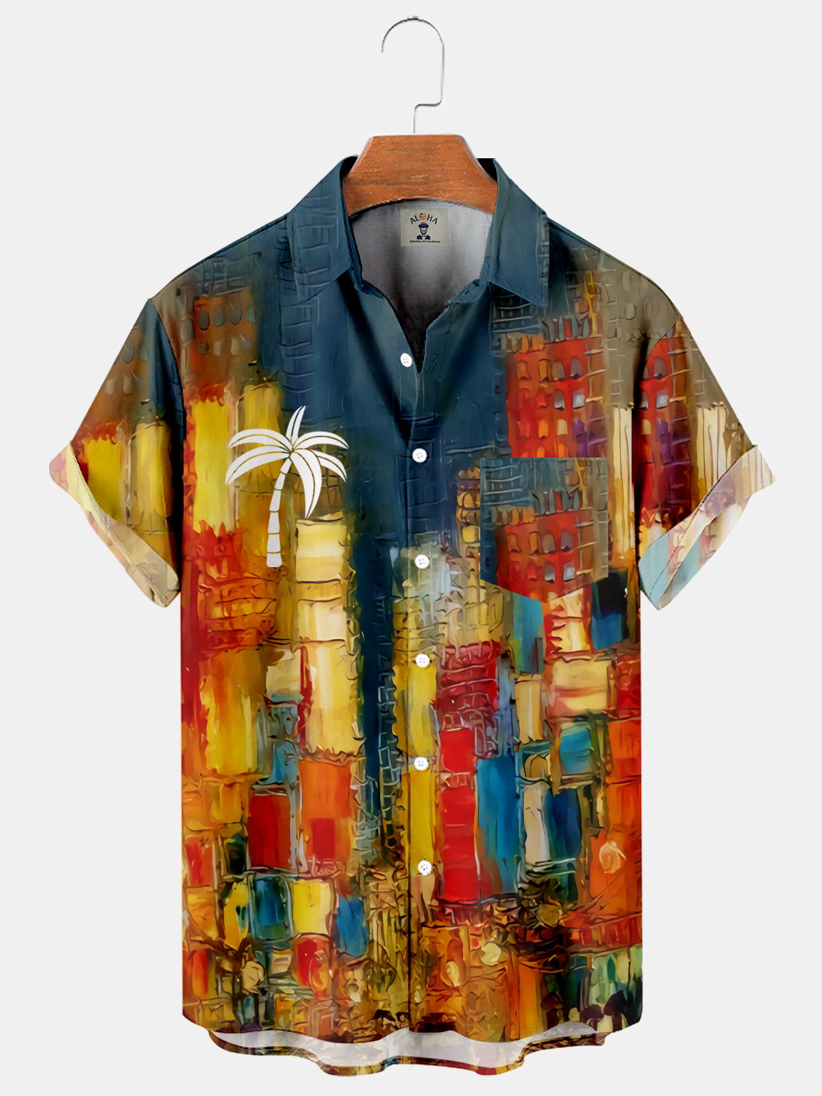 Oil painting coconut tree printing casual loose men's large size short-sleeved shirt-Garamode