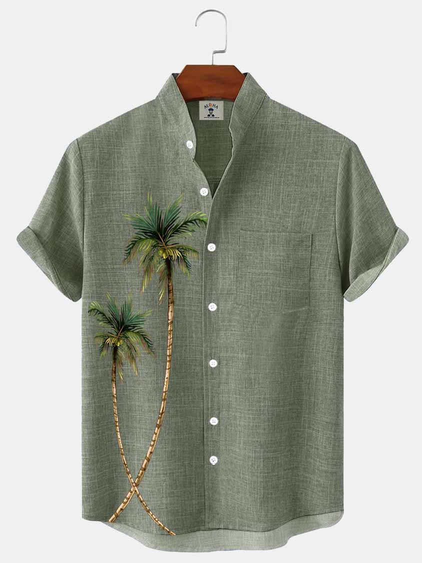 Men's Stand Collar Pocket Palm Tree Print Linen Faux Casual Shirt-Garamode