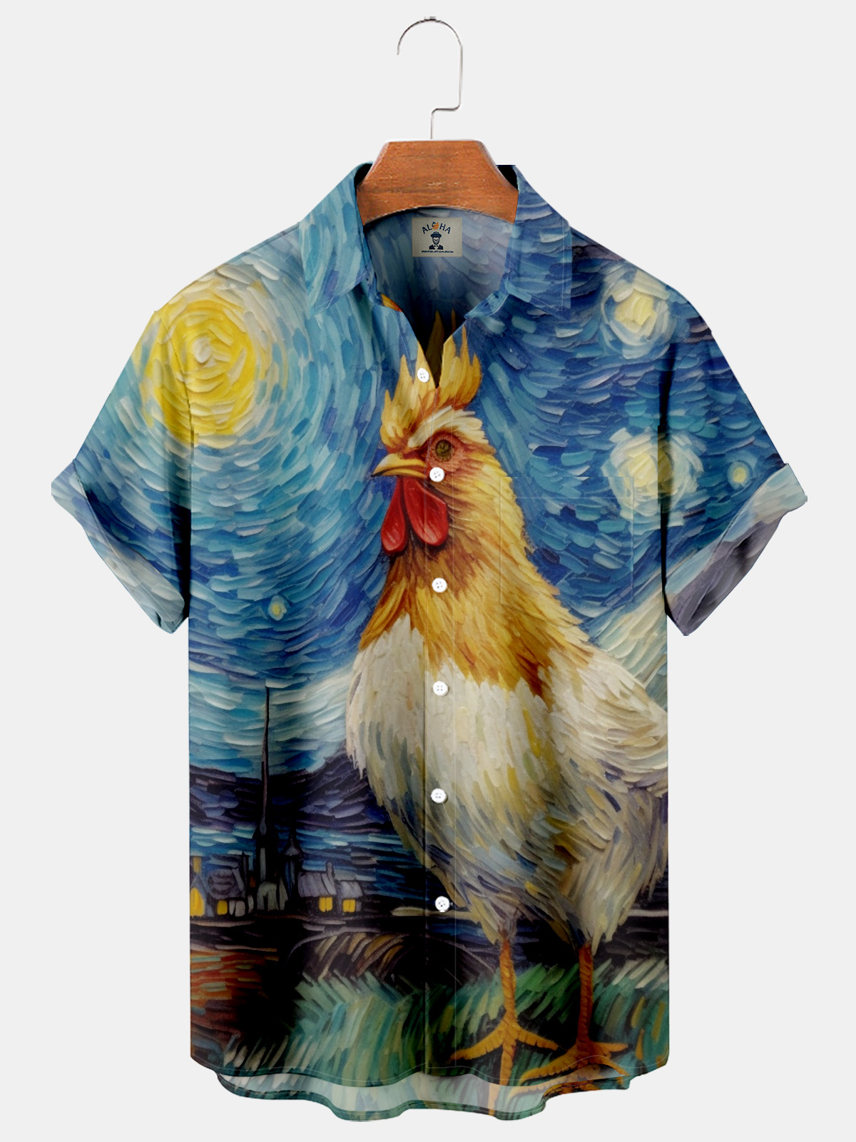 Hawaiian Oil Painting Fun Chicken Print Pocket Short Sleeve Shirt-Garamode