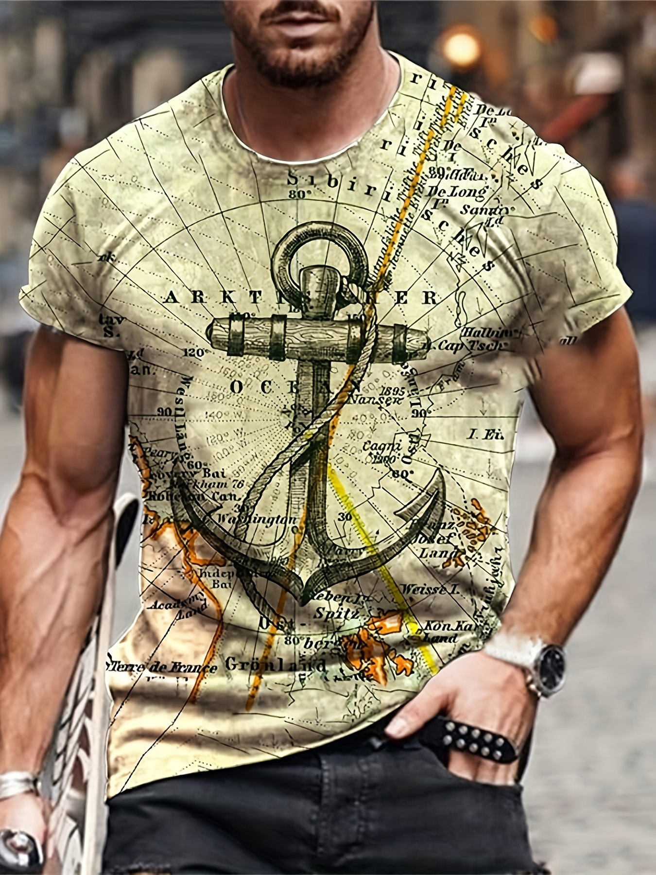 Vintage Nautical Print Waterproof and Stain Repellent Crewneck T-Shirt-Garamode