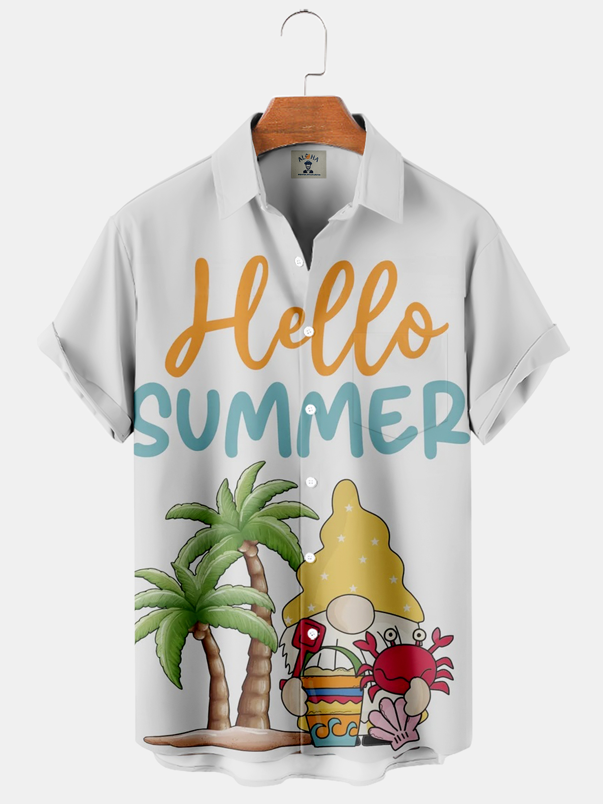 Hello Summer Palm Tree Print Pocket Hawaiian Short Sleeve Shirt-Garamode