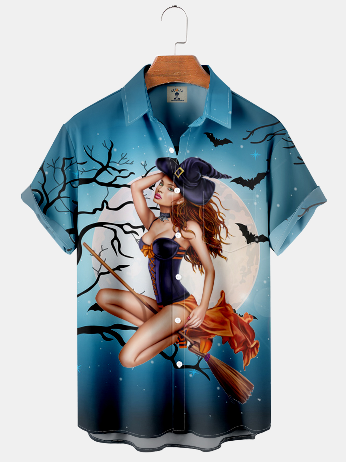 Halloween Witch Print Pocket Short Sleeve Shirt-Garamode
