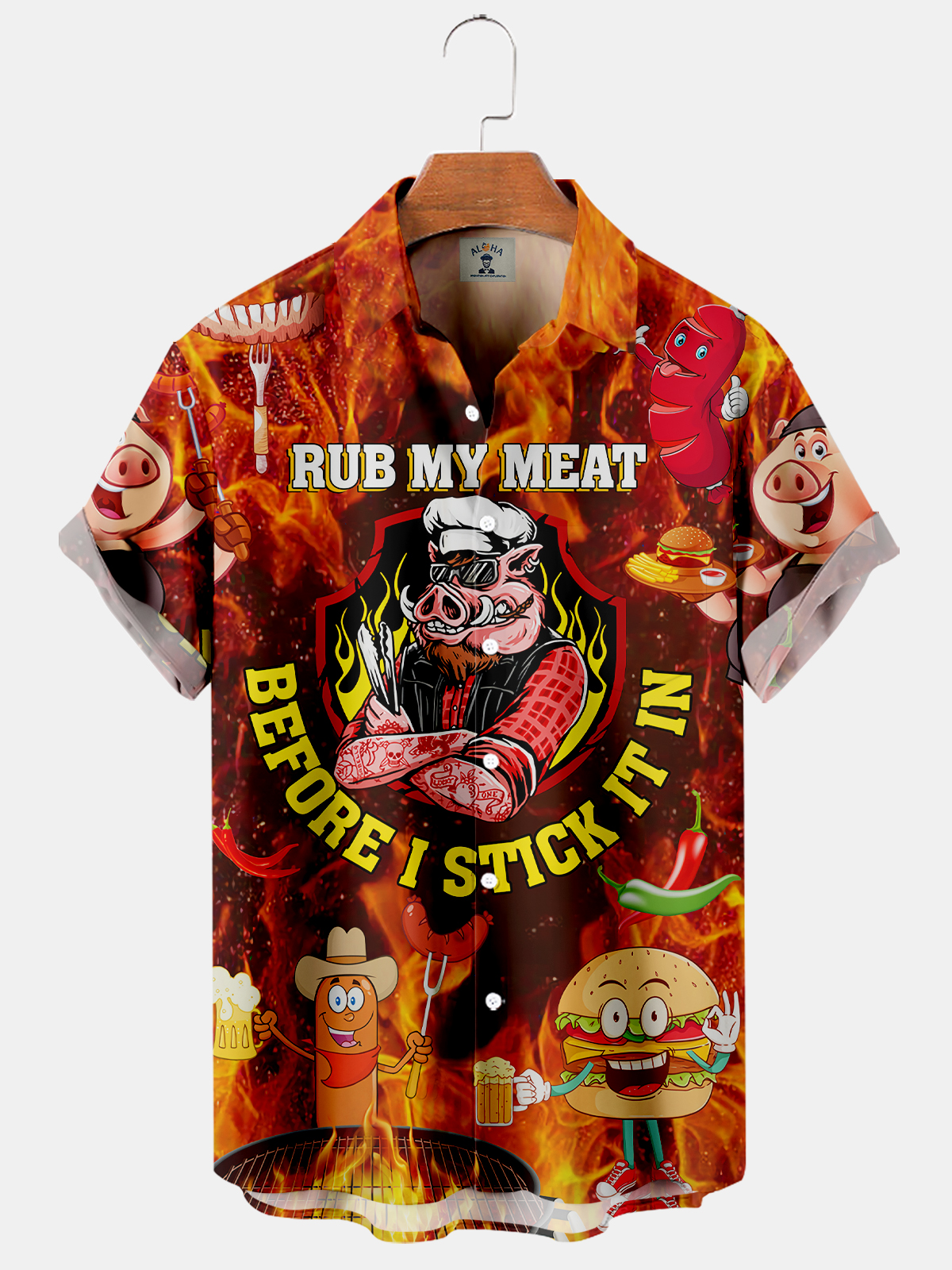 Men's Hawaiian RUB MY MEAT BEFORE I STICK IT IN Fun Flame Print Short Sleeve Shirt-Garamode