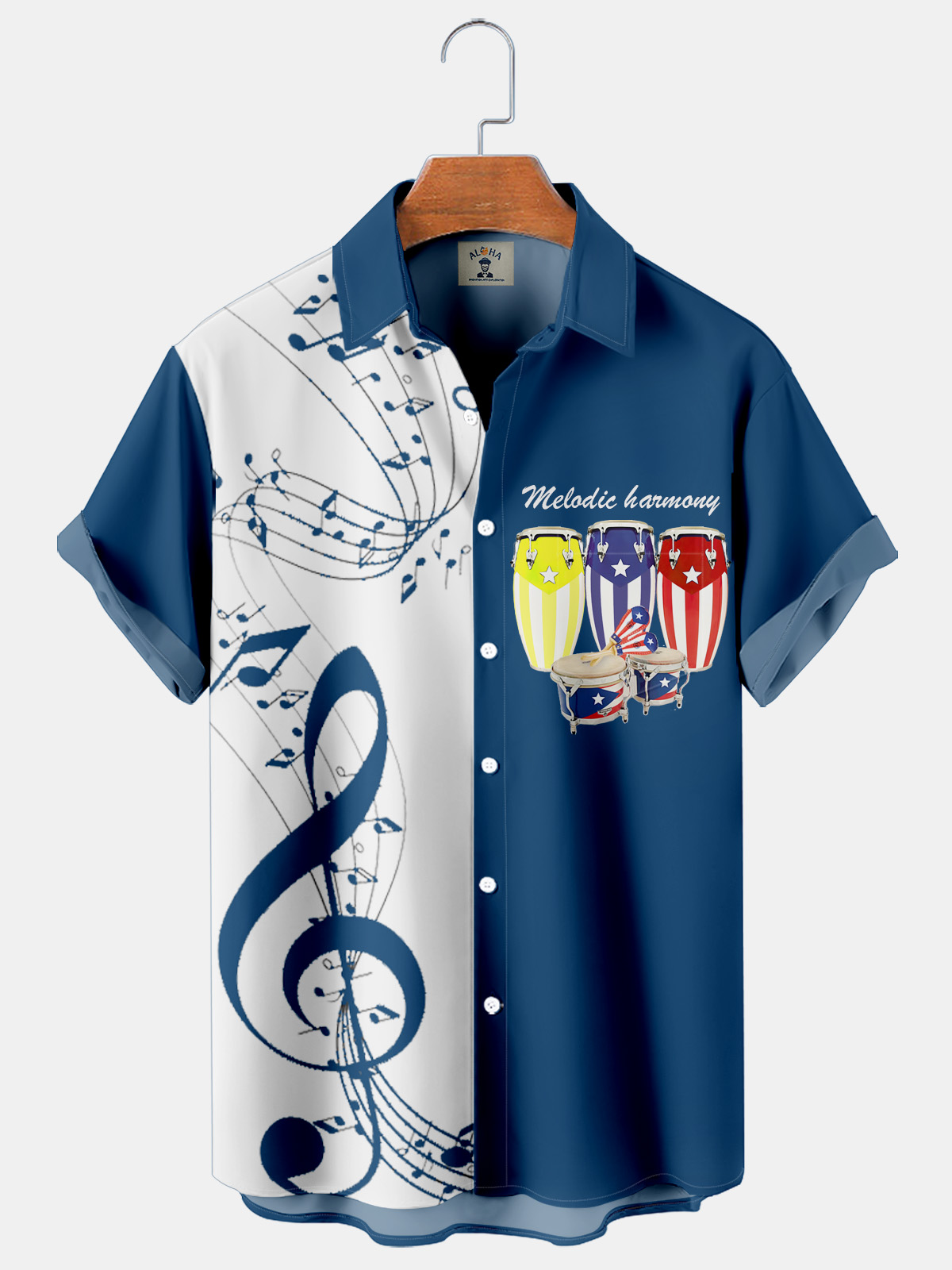 Fashionable Hawaiian Music Tambourine Print Pocket Short Sleeve Shirt-Garamode