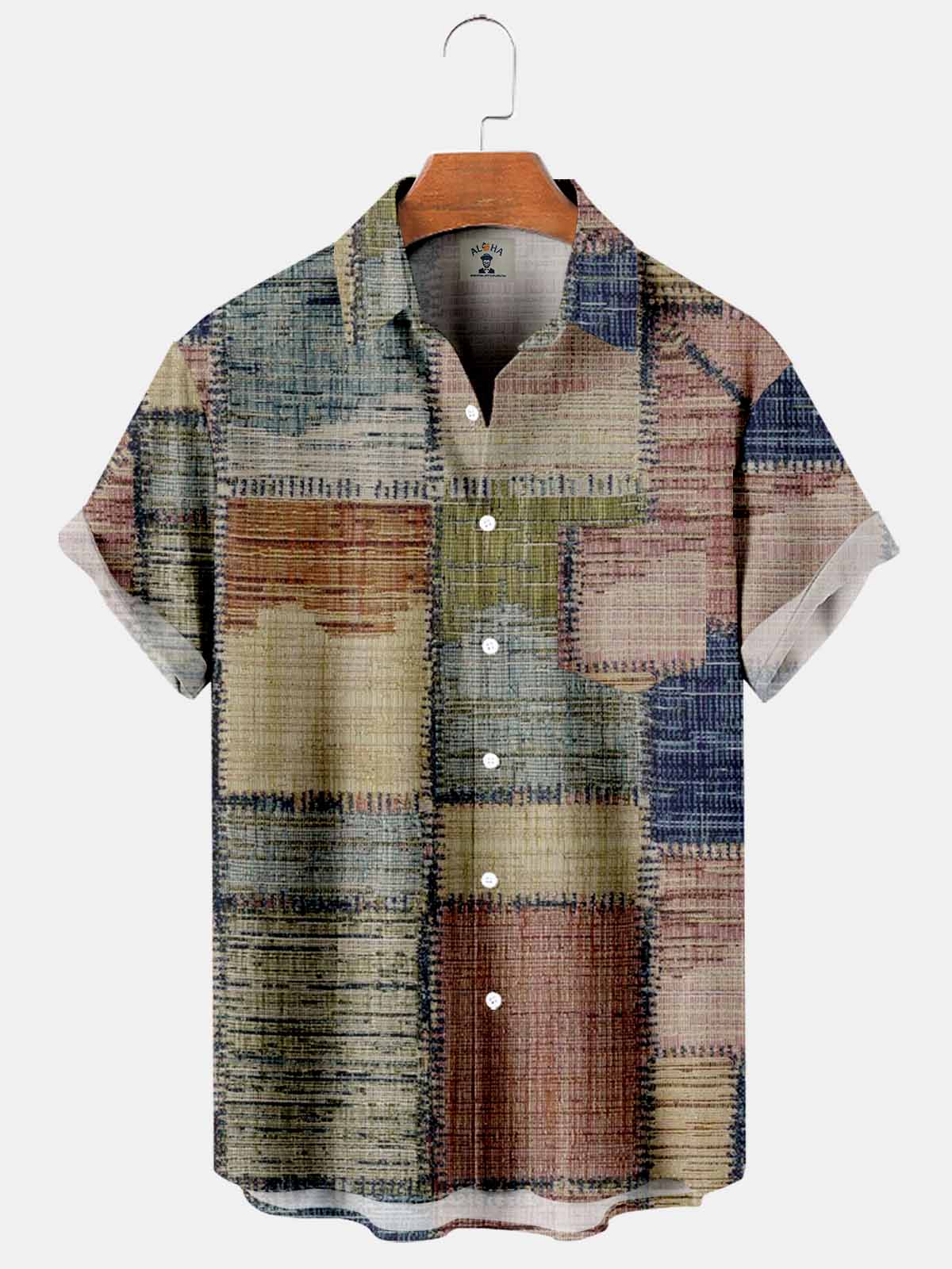 Men's Color Block Patch Print Pocket Short Sleeve Shirt-Garamode
