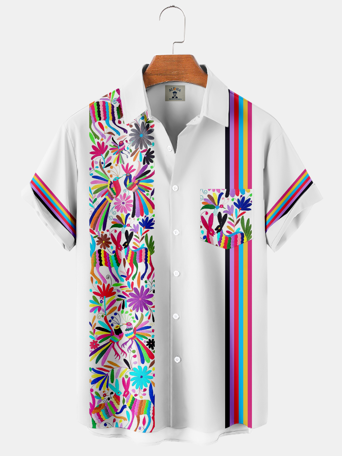 Men's Otomi Contrast Print Pocket Hawaiian Everyday Short Sleeve Shirt-Garamode