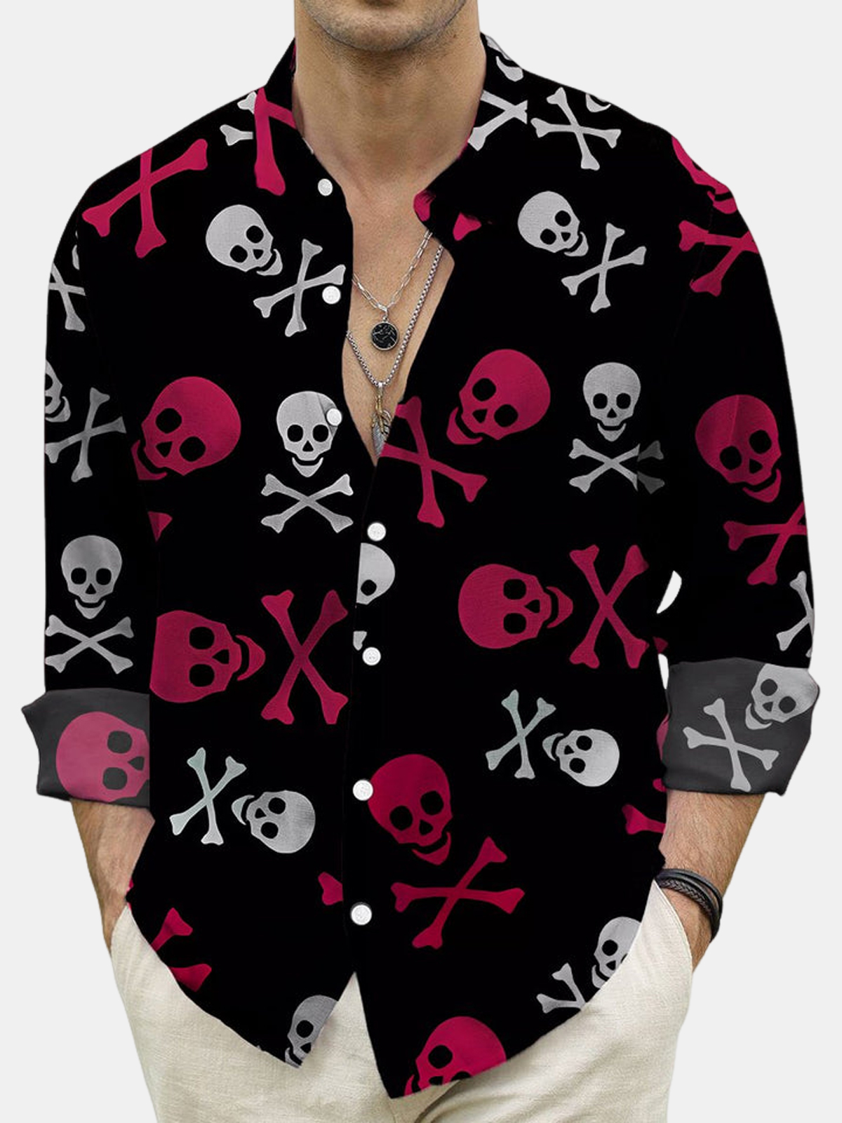 Men's Halloween Colorblock Skull Print Long Sleeve Shirt-Garamode