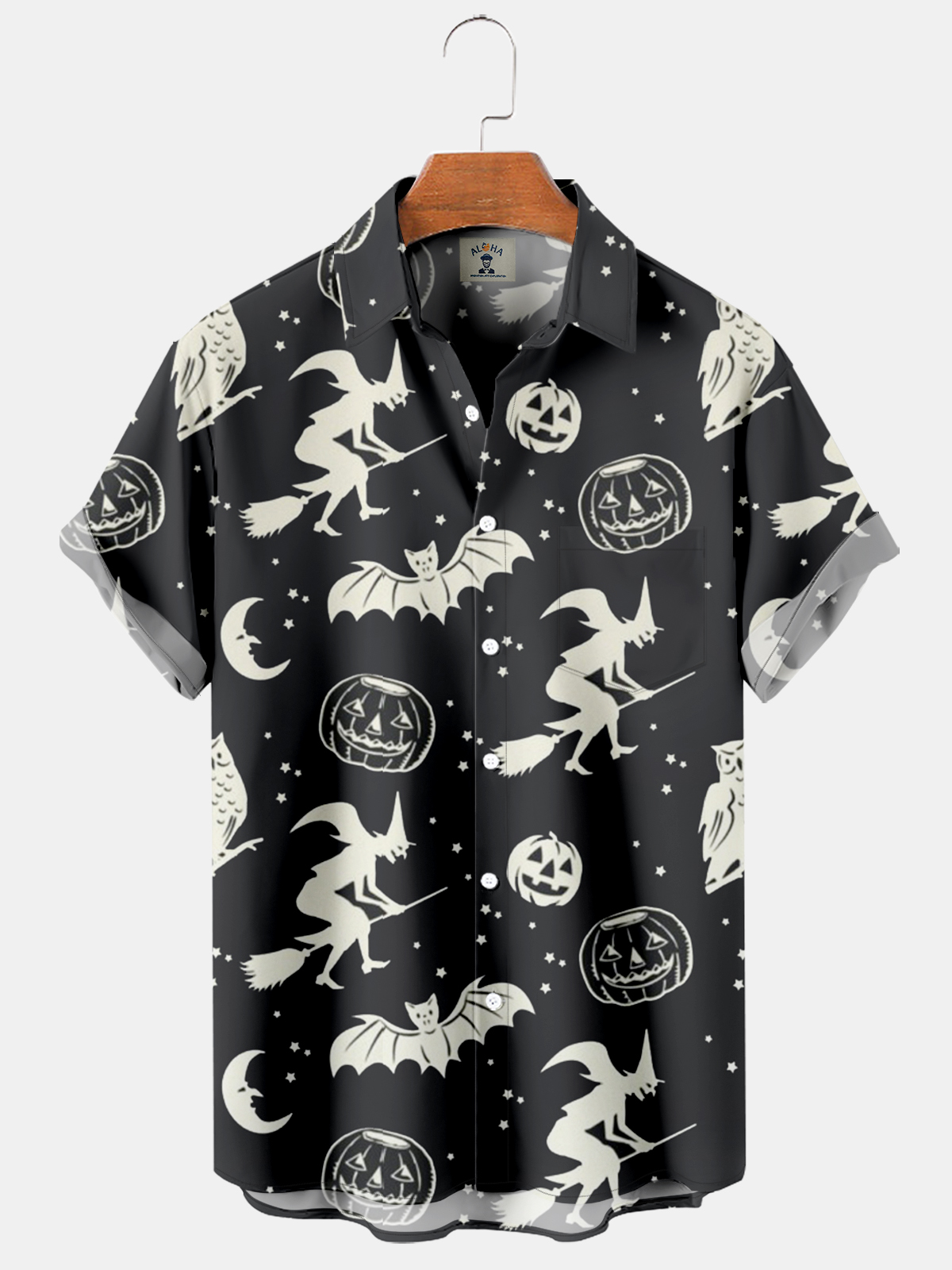 Men's Witch Bat Halloween Print Pocket Hawaiian Short Sleeve Shirt-Garamode
