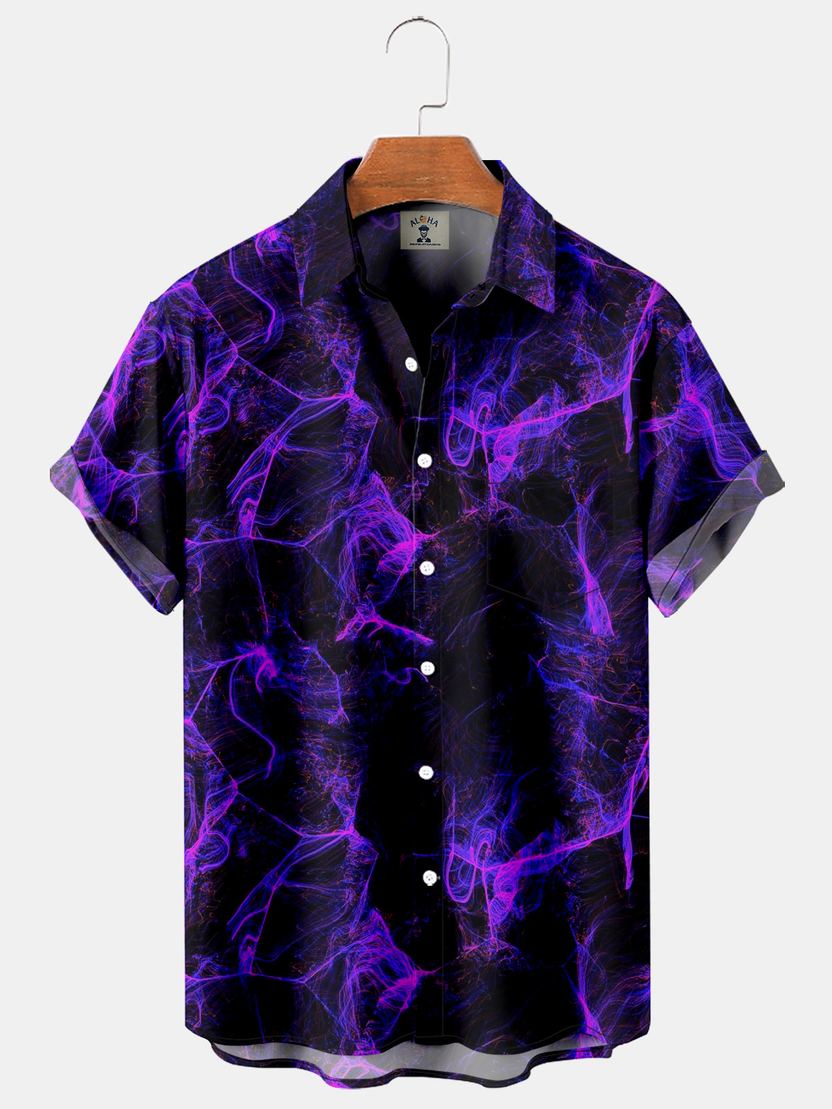 Trendy Lightning Print Pocket Short Sleeve Bowling Shirt-Garamode