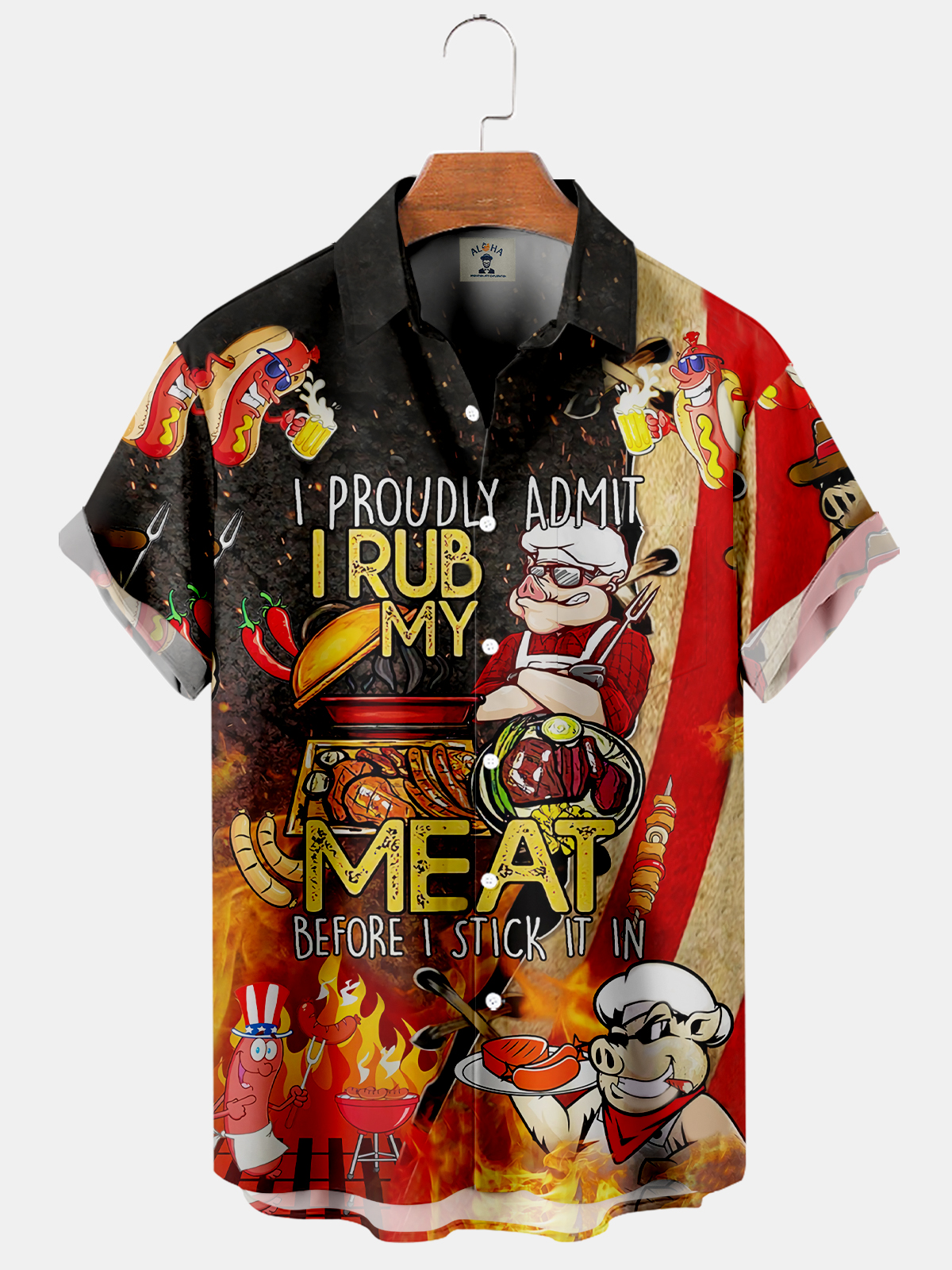 Men's Hawaiian BBQ I PROUDLY ADMIT I RUB MY MEAT BEFORE I STICK IT IN Fun Print Short Sleeve Shirt-Garamode