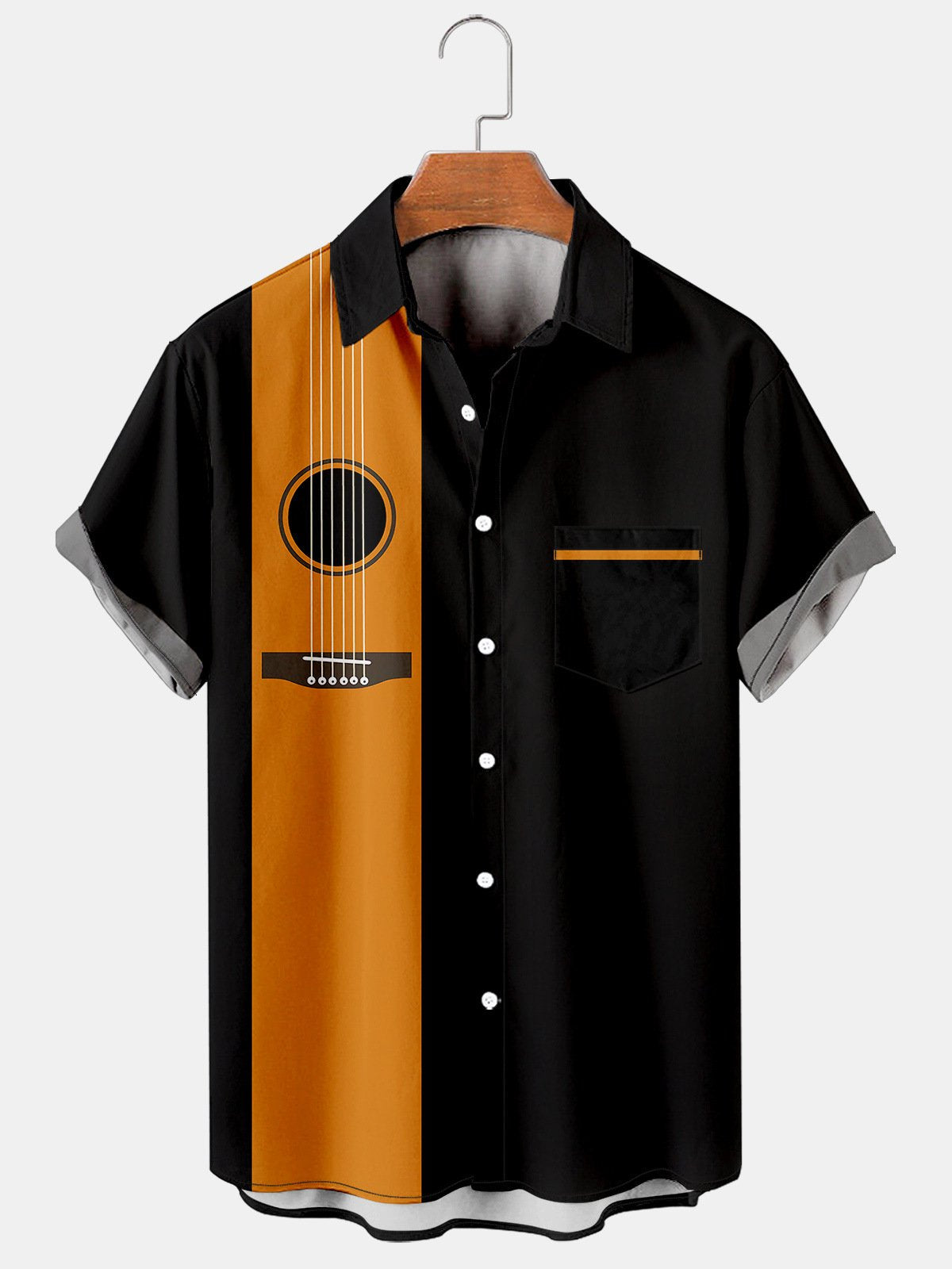 Men's Music Guitar Stripe Panel Casual Shirt Bowling Shirt-Garamode