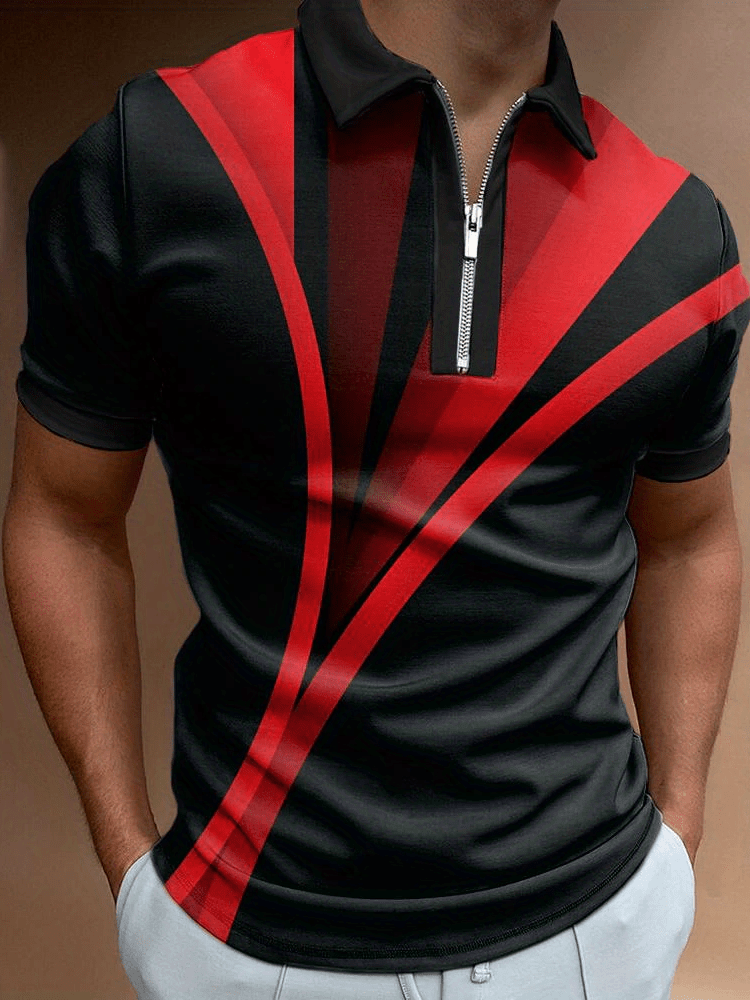Men's Fashion Line Gradient Print Lapel Short Sleeve Polo Shirt-Garamode