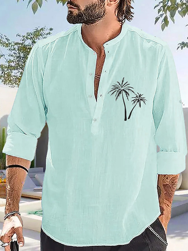 Summer Men's Stand Collar coconut Tree Print Long-sleeved Shirt-Garamode
