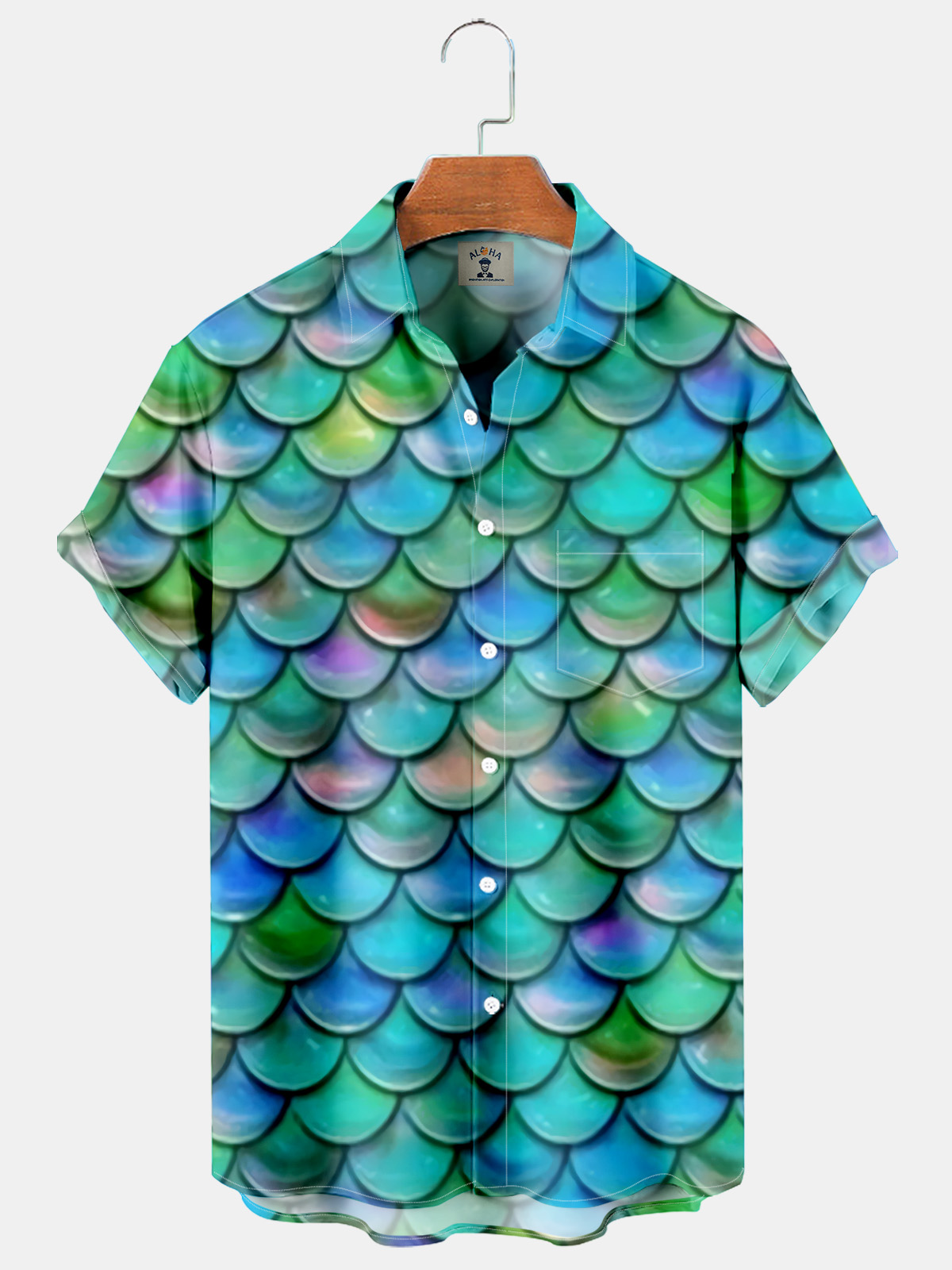 Vintage Hawaiian Mermaid Print Pocket Short Sleeve Shirt-Garamode