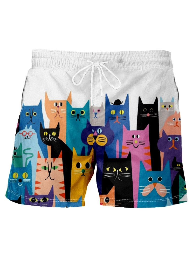 Cartoon funny cat print shorts-Garamode