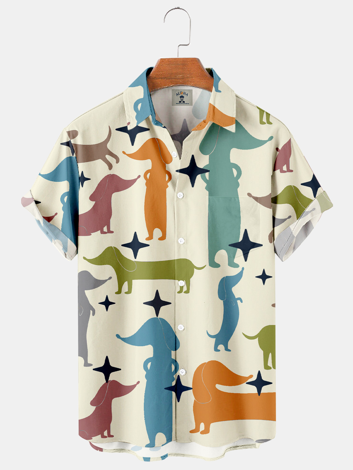 Men's Hawaiian Dachshund Print Casual Loose Oversized Short Sleeve Shirt-Garamode