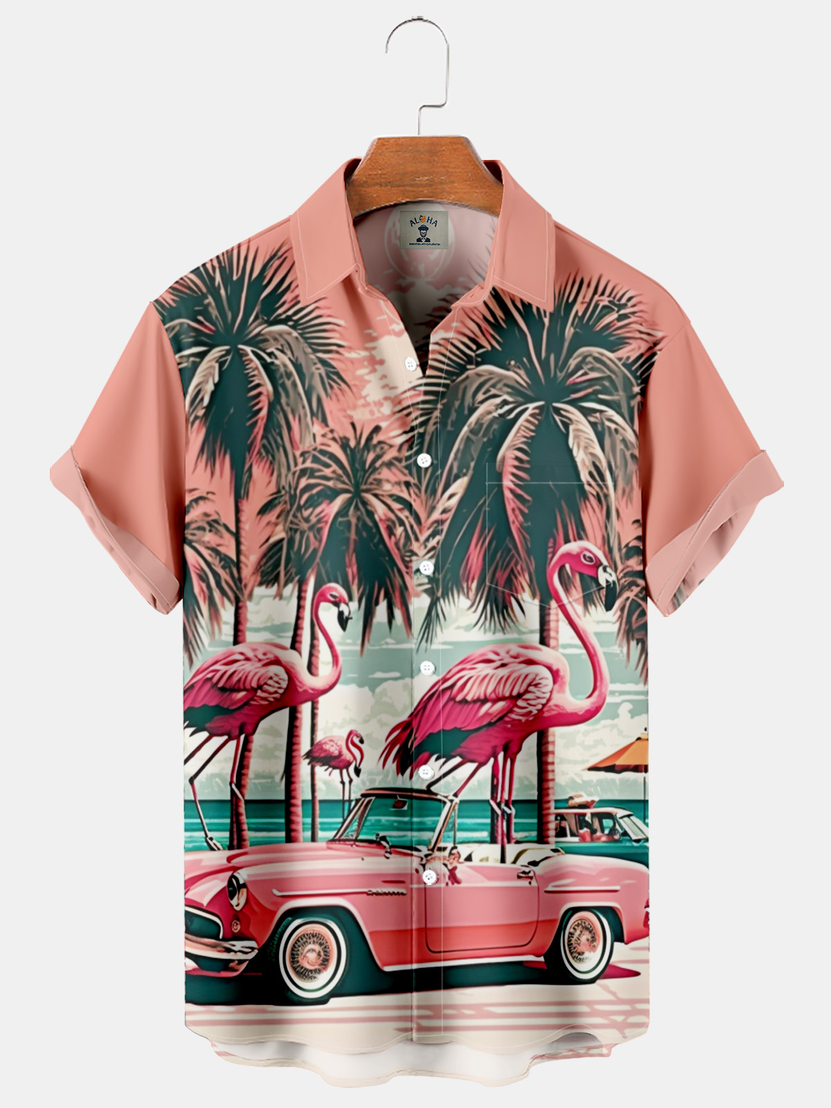 Hawaiian Vintage Car Flamingo Pocket Short Sleeve Shirt-Garamode