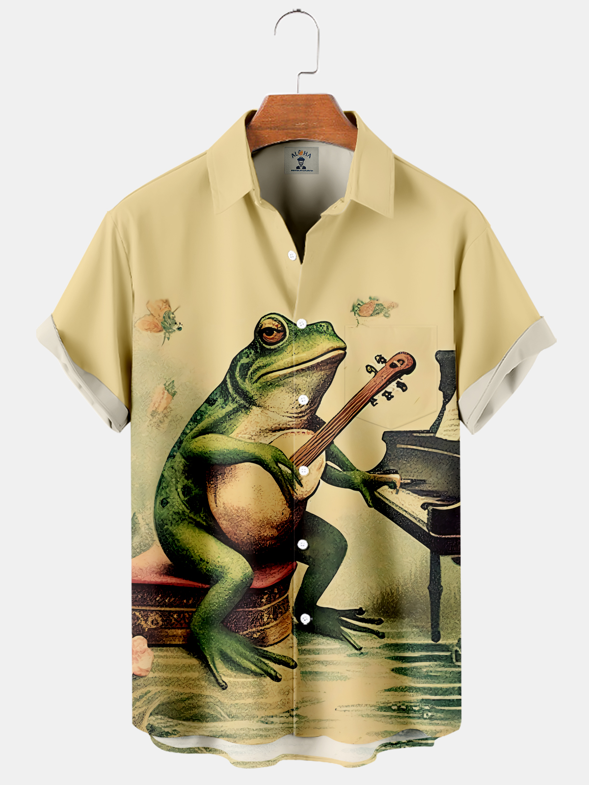 Men's Hawaiian Fun Frog Playing Piano Print Short Sleeve Shirt-Garamode