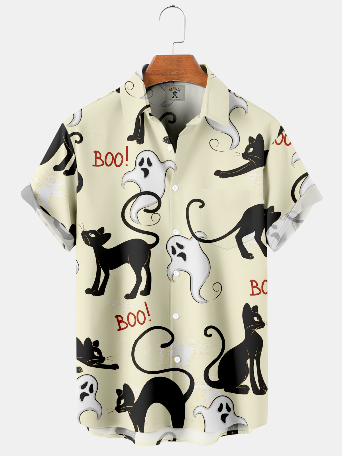 Men's Halloween Black Cat and Ghost BOO Print Short Sleeve Shirt-Garamode