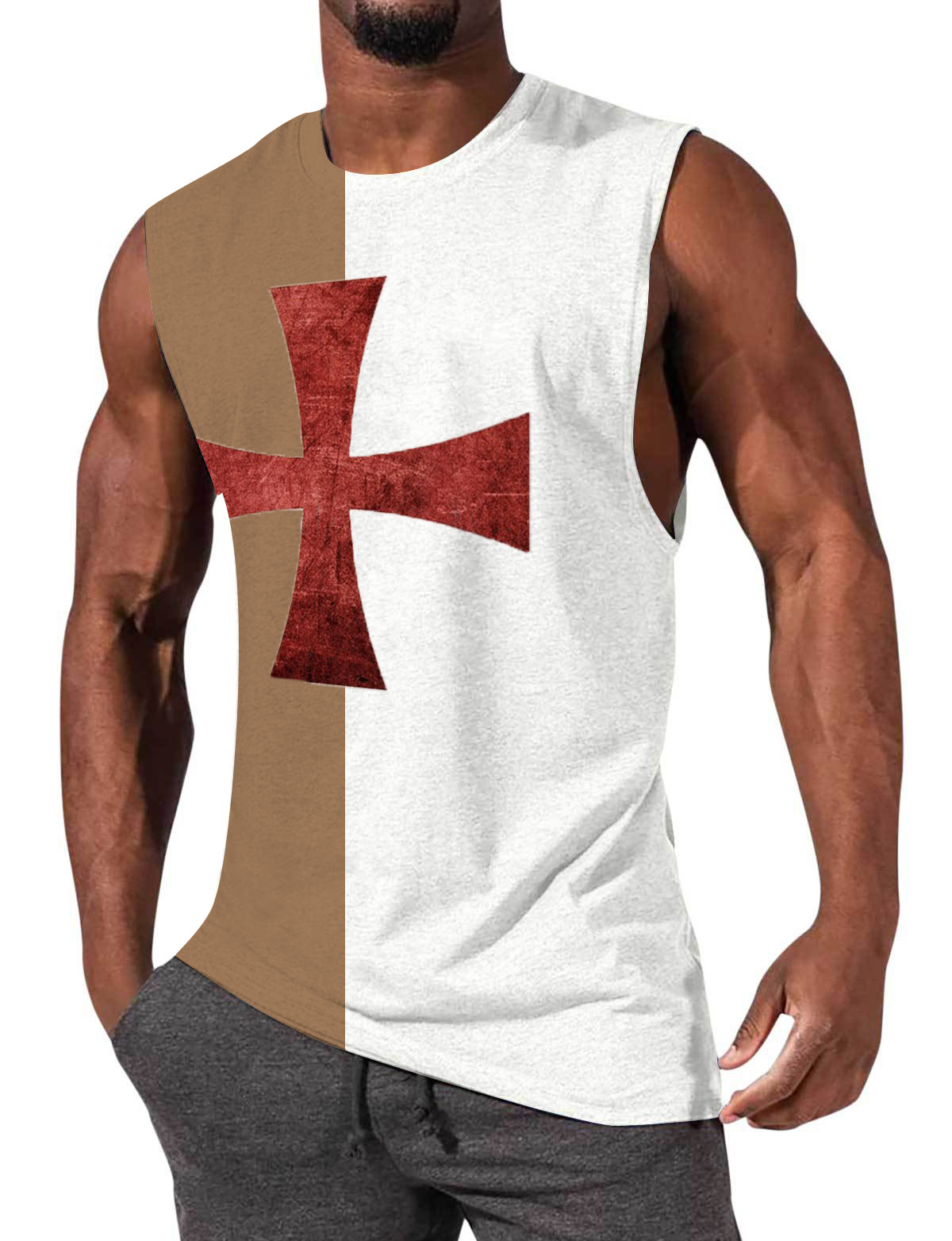 Men's Simple Cross Color Contrast Print Sleeveless T-Shirt-Garamode