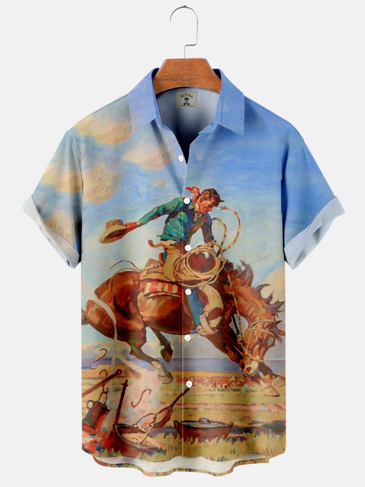 Men's Hawaiian Western Denim Print Short Sleeve Shirt-Garamode