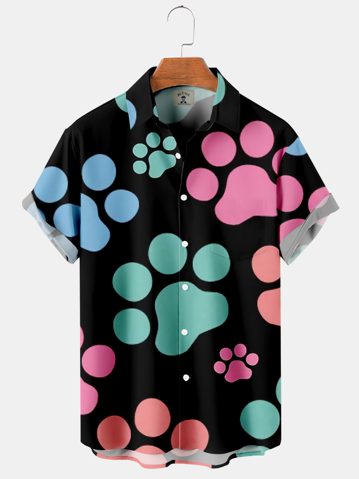 Men's Colorblock Cute Puppy Paw Print Short Sleeve Shirt-Garamode