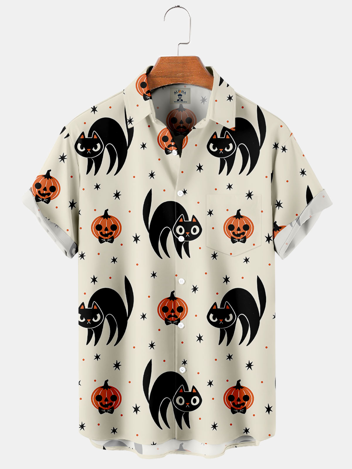 Men's Halloween Cat Pumpkin Star Print Short Sleeve Shirt-Garamode