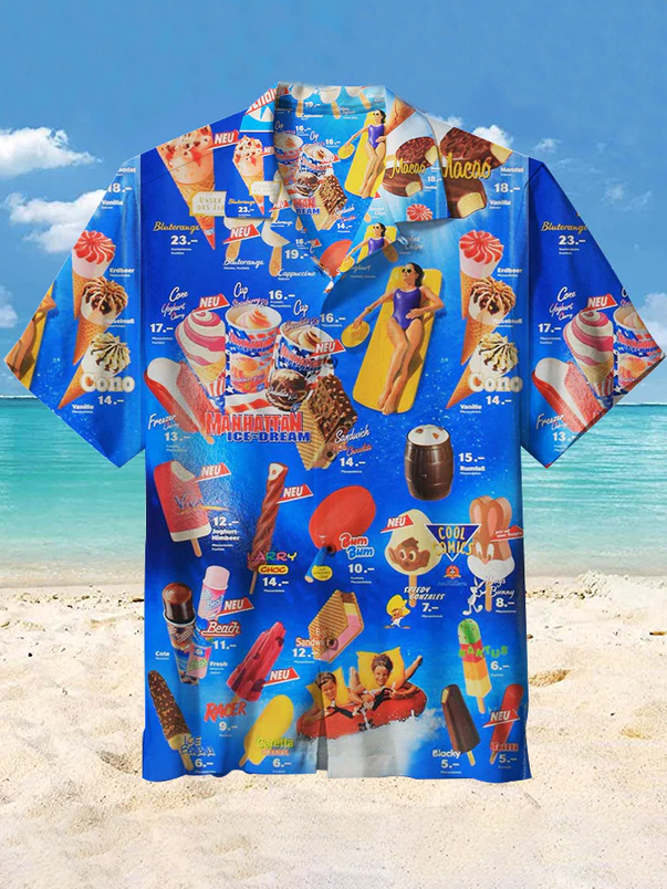 Men's Hawaiian Beach Ice Cream Print Short Sleeve Shirt-Garamode