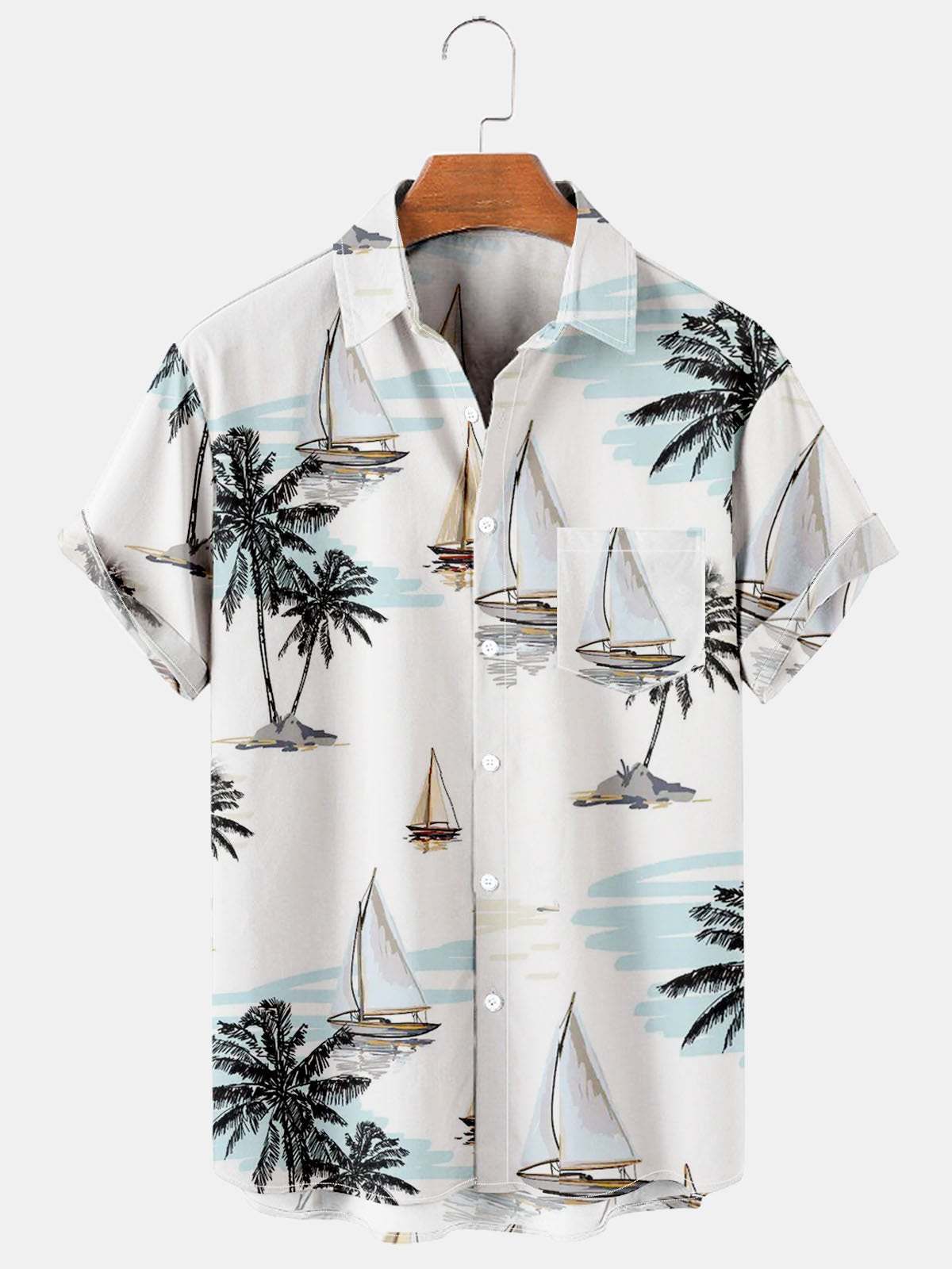 Men's Simple Hawaiian Coconut Sailboat Print Casual Comfort Shirt-Garamode