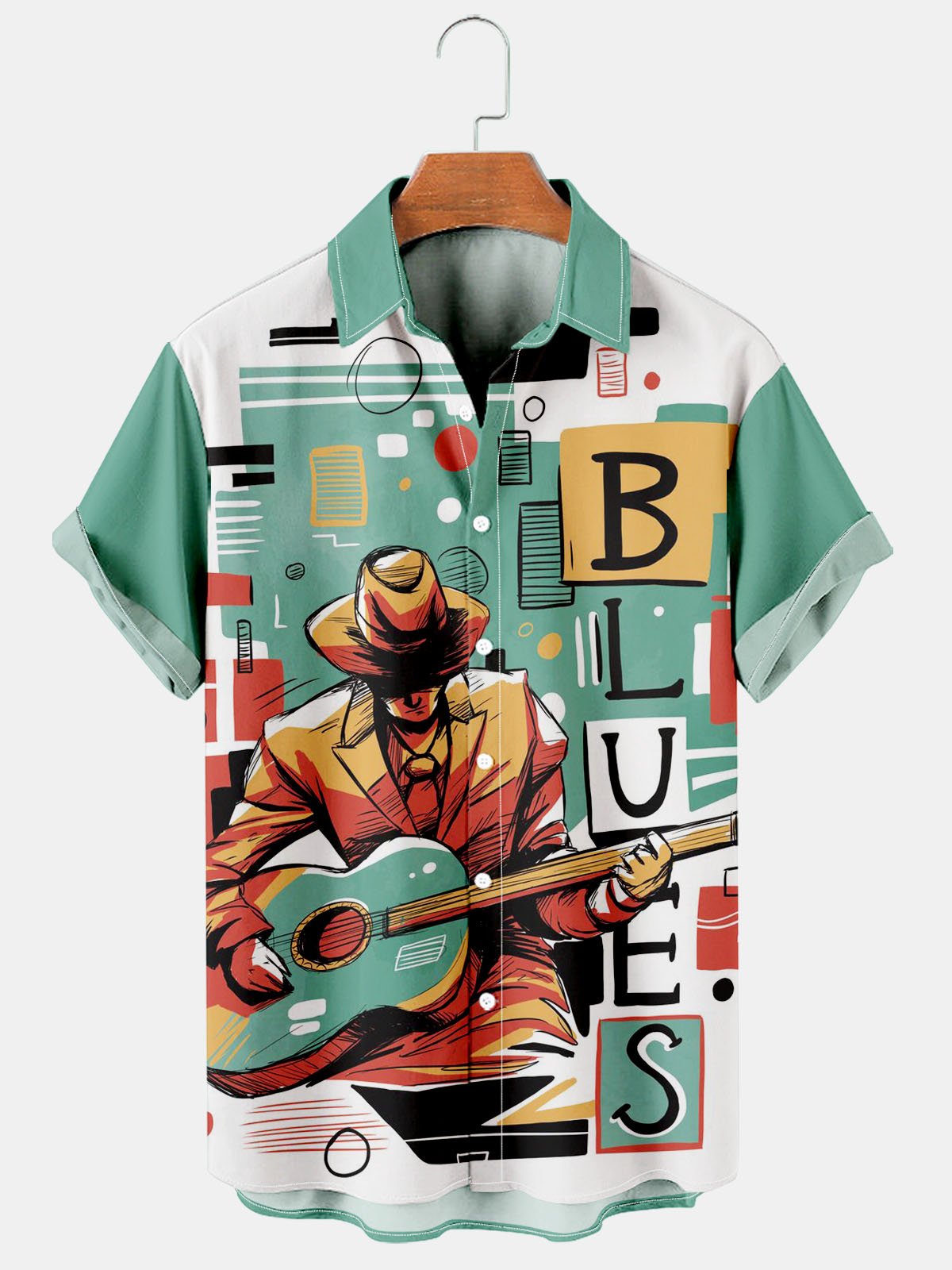 Men's Casual Simple BLUES Music Guitar Print Shirt-Garamode