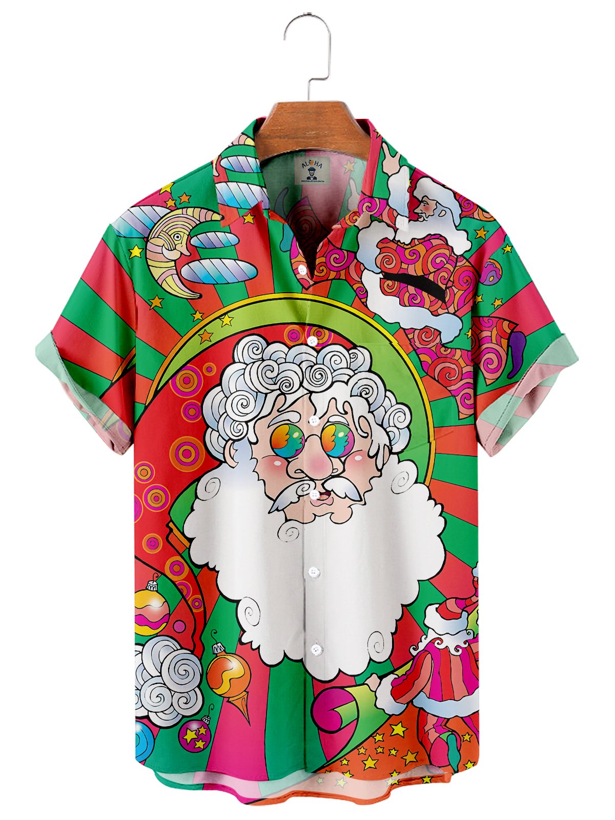 Men's Christmas Color Block Fun Hippie Santa Print Short Sleeve Shirt-Garamode