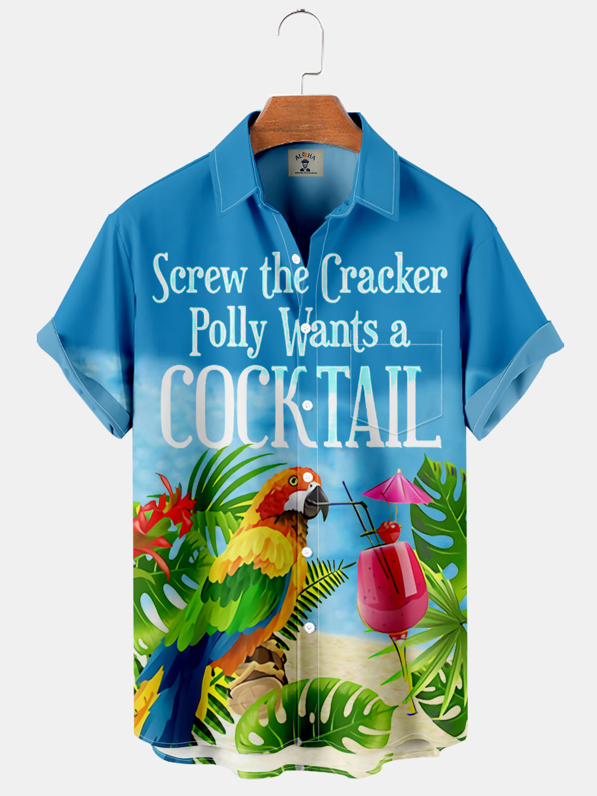 Screw The Cracker Polly Wants a Cocktail Print Pocket Short Sleeve Shirt-Garamode