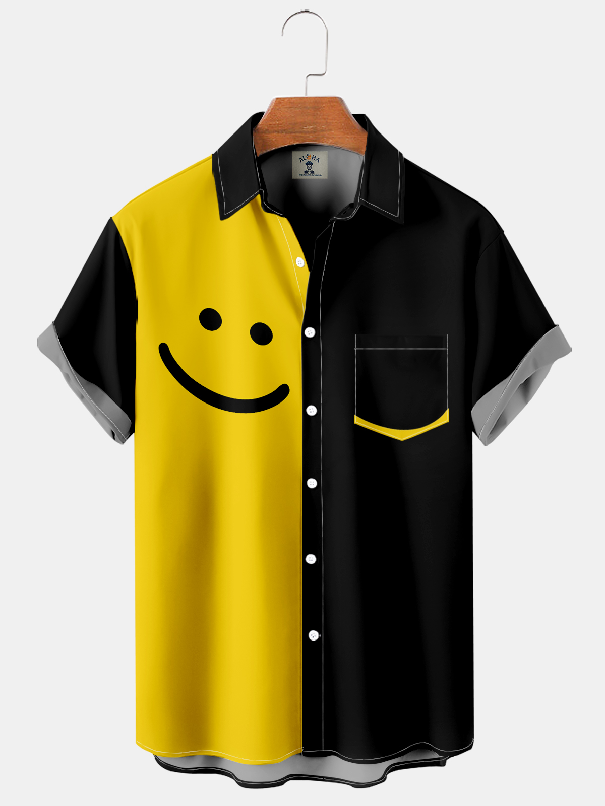 Men's Smile Print Contrast Pocket Casual Short Sleeve Shirt-Garamode